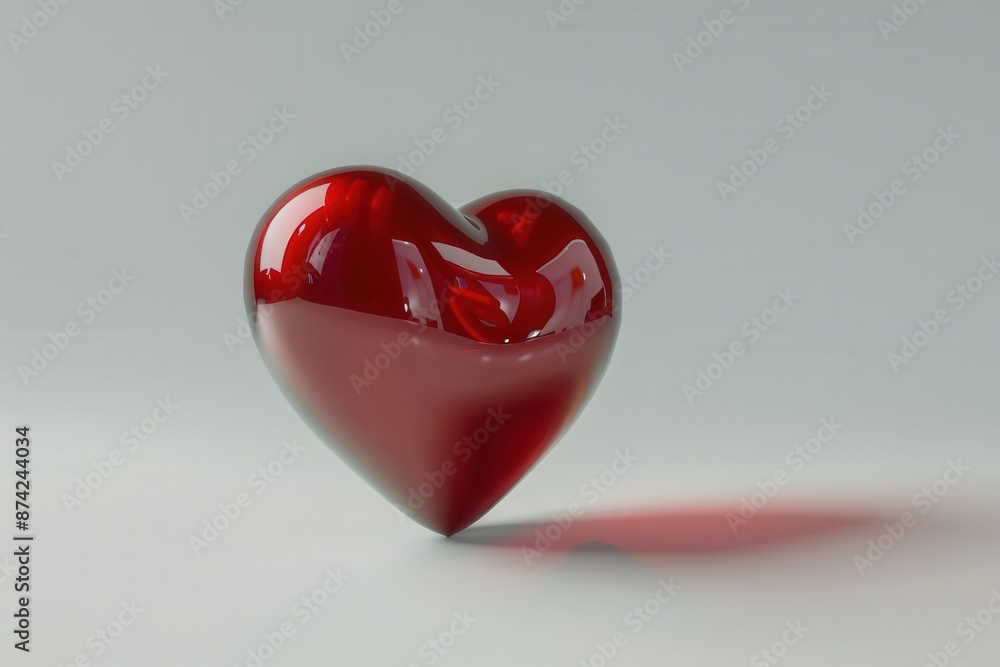 Poster oversized glossy red heart symbol floating against pure white backdrop casting soft shadow embodying