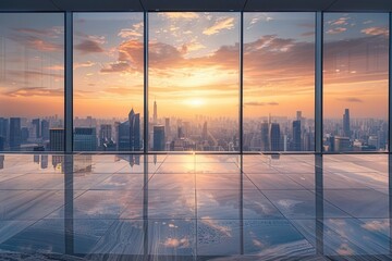 Fototapeta premium panoramic cityscape and skyline view at sunrise from empty floor urban architecture photography