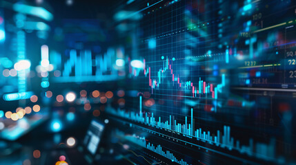 Information technology illustrated with a computer hologram and people engaged in stock market research, statistics, and graph/chart analysis.