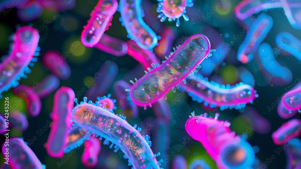 Aufkleber close-up view of colorful, rod-shaped bacteria, revealing their complex structures and intricate det