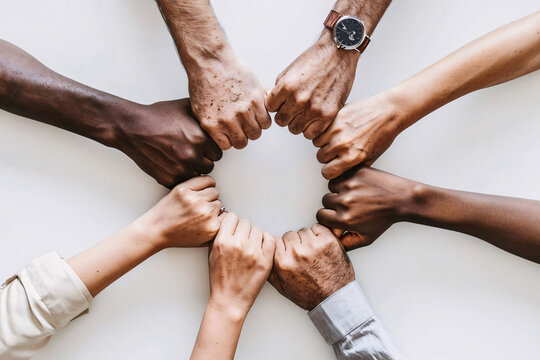 Diverse hands joined together in a circle of unity and support, group of hands holding hands