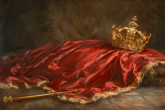 Scepter, crown and royal cloak lying on the floor.