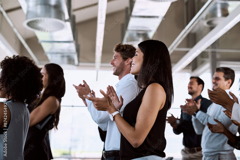 Poster Business, people and applause for workplace speech, audience and corporate with professional presentation. Support, seminar and company conference with standing ovation, clapping and crowd approval