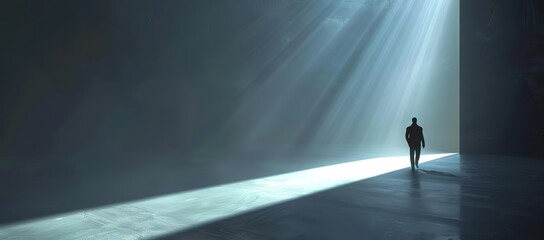 A person walking inside a large building with light shining from above