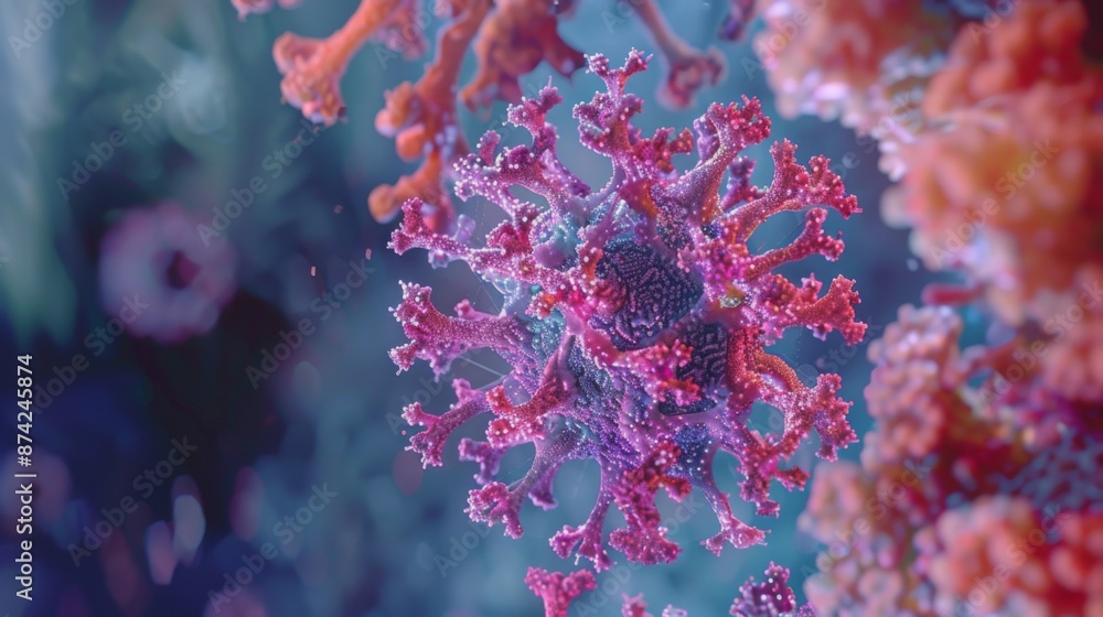 Poster A microscopic image showing a virus particle with multiple spiky protrusions.