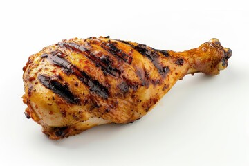 perfectly grilled chicken leg with crispy goldenbrown skin isolated on pure white background showcasing appetizing texture and color