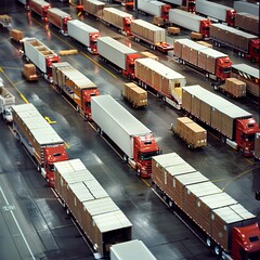 Trucks are lined up at a warehouse, ready to load and unload boxes of goods. This is part of the supply chain, where products move from production to stores.