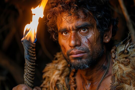 Caveman Exploring a Cave at Night With a Torch