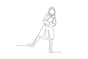 Female student carrying books. School kids concept one-line drawing