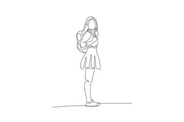 Female students ready to go to school. School kids concept one-line drawing
