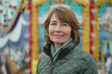 Fototapeta premium Portrait of a cheerful caucasian woman in her 30s sporting a quilted insulated jacket isolated on lively amusement park background