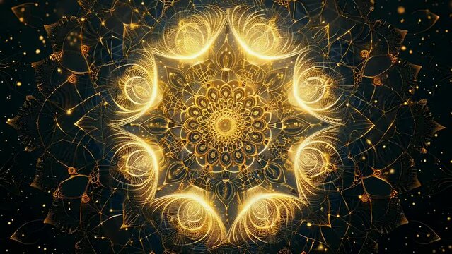 This image features an intricate golden mandala artwork with radiant patterns and glowing details. The symmetrical design creates a mesmerizing visual effect. The dark background enhances the
