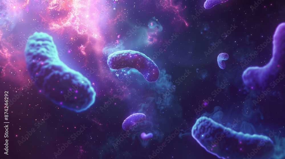 Poster A digital rendering of glowing purple bacteria floating in space with a nebula in the background.