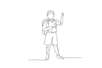 The male student raised his hand. School kids concept one-line drawing