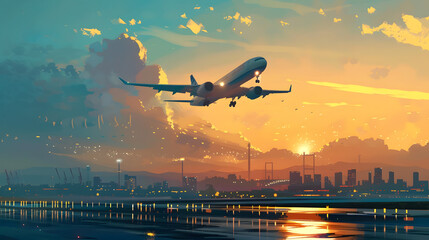 airplane landing at sunset