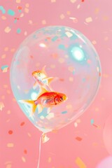 transparent balloon filled with water with goldfish swimming inside on a pastel pink background