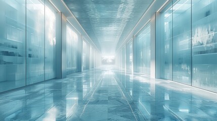 A widescreen, three-dimensional image of a modern office background with even fewer furniture and shelves, and more pronounced background blur