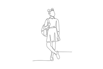 Female students going to school. School kids concept one-line drawing