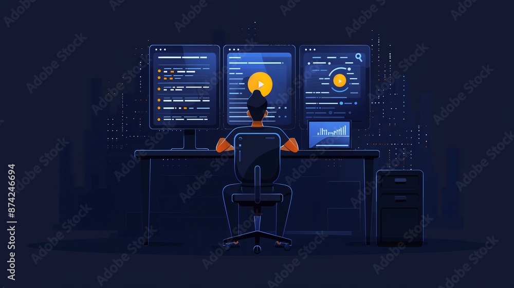 Poster programmer working late at night on multiple monitors