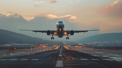 Naklejka premium airplane landing at sunset