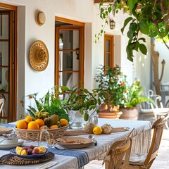 Cozy summer dining scene. Mediterranean-style decor. Table set with fruit and plants. ID_887cac0d-ed7e-4318-9d67-4a5c41c3db9d Job ID: 65da5354-af75-4cb0-bf19-6e7f8a8ec1ef