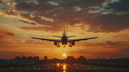 Fototapeta na wymiar airplane landing at sunset