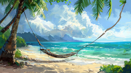 Fototapeta premium Relaxing Beach Hammock Scene with Sunset Reflections on Water