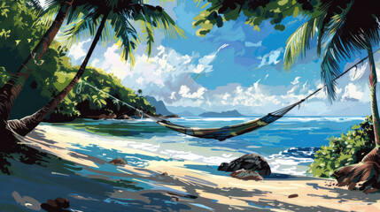 Fototapeta premium Relaxing Beach Hammock Scene with Sunset Reflections on Water