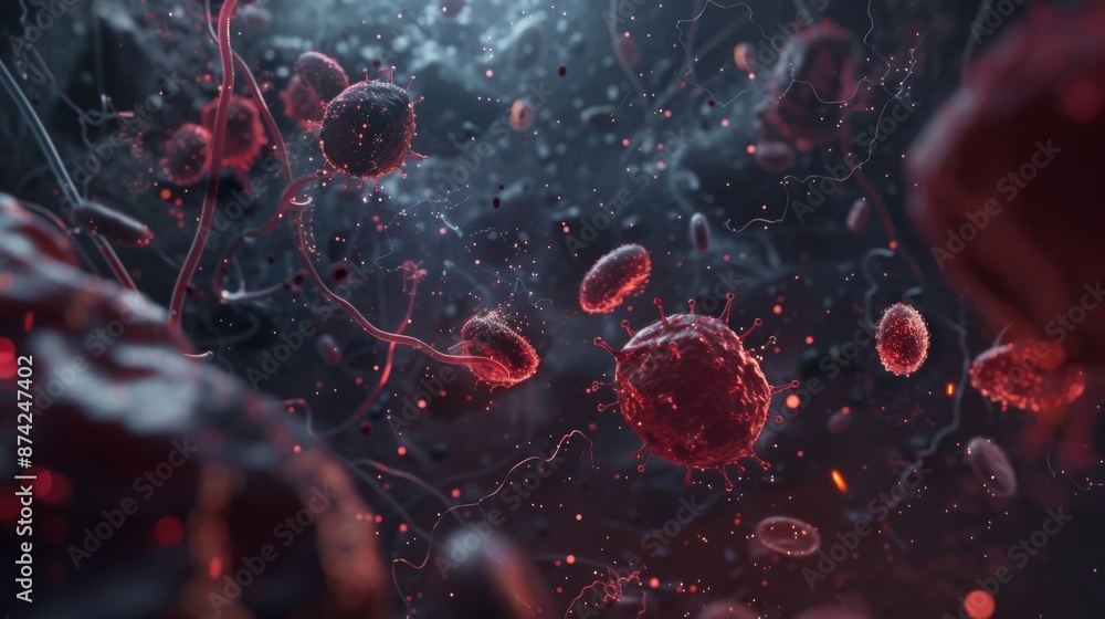 Leinwandbilder Red and dark-colored virus particles and cells float in a dark background with light reflecting off their surfaces.