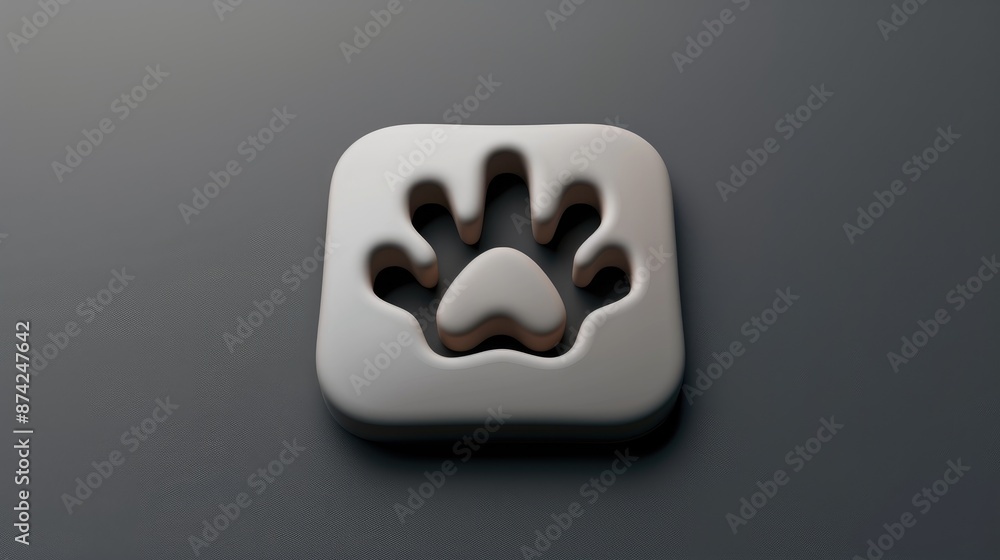 Poster a charming paw print icon poised elegantly on a sleek grey background serving as an internet button