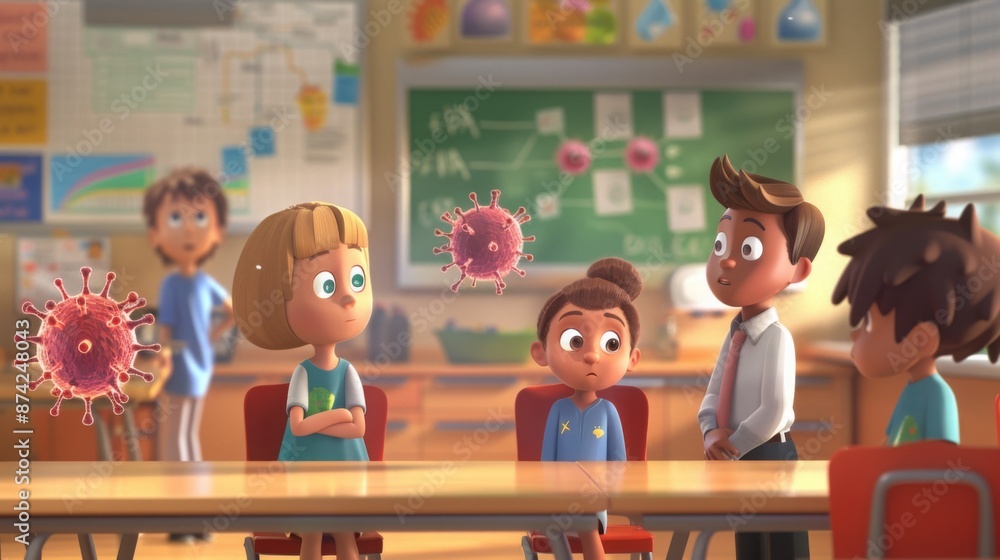 Aufkleber four animated children sit at a desk in a classroom, with a virus floating above them.