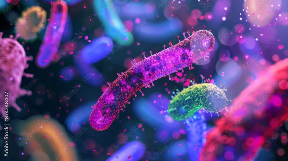 Poster microscopic view of colorful bacteria in a dark background.