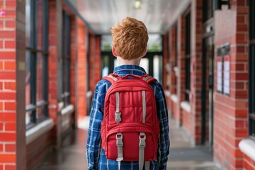 A young student walks down a hallway with a red backpack, on their way to class on the first day of school.
