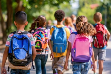 A group of children walk in a line with backpacks on, headed towards school on a sunny day.