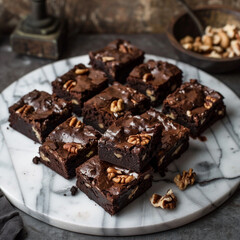 Gooey and delicious brownies studded with chunks of dark chocolate and walnuts on a white marble serving platter.
