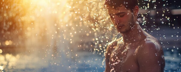 Obraz premium Young man cooling off with water splashes, refreshing and intense.