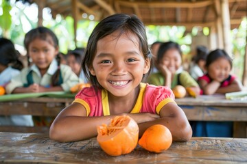 Fototapeta premium A young girl sits at a desk in an Asian school with a bright smile, holding fruit in her hands during a break.
