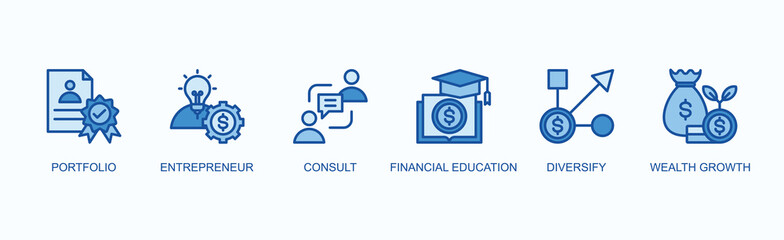 Investment Advisory Services Banner Web Icon Vector Illustration Concept With Portfolio, Entrepreneur, Consult, Financial Education, Diversify, Wealth Growth