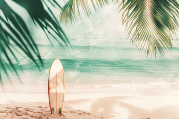 Surfboard on sandy tropical beach with palm trees under clear blue sky. Water sports during summer vacation