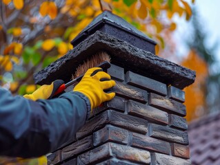 Close-up of a Person's Hand Cleaning a Brick Chimney with a Brush.