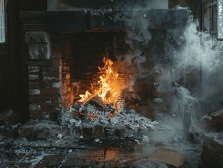 Warmth and Smoke Emitting From a Cozy Brick Fireplace