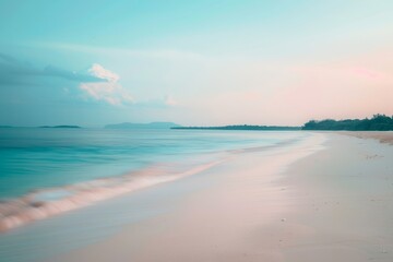 Fototapeta premium A photo of an empty beach, minimalistic, white sand, soft blue water, long exposure, blurred motion, beautiful landscape, dusk mood, captured on Canon EOS R5 camera