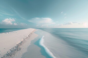 A photo of an empty beach, minimalistic, white sand, soft blue water, long exposure, blurred motion, beautiful landscape, dusk mood, captured on Canon EOS R5 camera