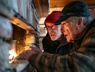 Two Senior Men Stoking a Fire in a Cozy Fireplace on a Cold Winter Day.