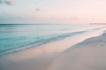 A photo of an empty beach, minimalistic, white sand, soft blue water, long exposure, blurred motion, beautiful landscape, dusk mood, captured on Canon EOS R5 camera