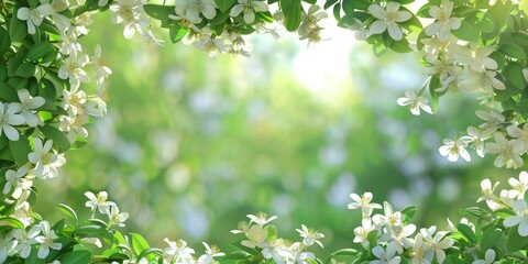 Fototapeta premium Beautiful spring border, blooming jasmine bush on a green background