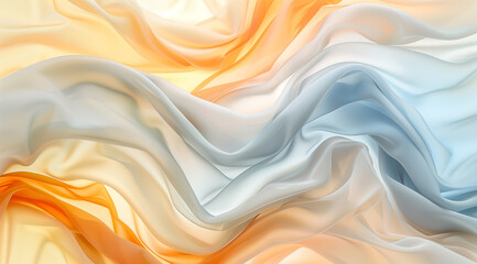 Abstract fluid art background with pastel colored waves and soft ripples, flowing fabrics in different shades of white, beige, gray, orange, and blue, creating an ethereal atmosphere in the style of f
