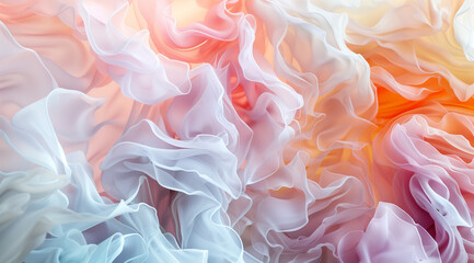 Abstract fluid art background with pastel colored waves and soft ripples, flowing fabrics in different shades of white, beige, gray, orange, and blue, creating an ethereal atmosphere in the style of f