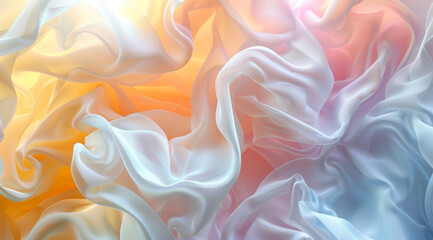 Abstract fluid art background with pastel colored waves and soft ripples, flowing fabrics in different shades of white, beige, gray, orange, and blue, creating an ethereal atmosphere in the style of f