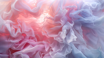 Abstract fluid art background with pastel colored waves and soft ripples, flowing fabrics in different shades of white, beige, gray, orange, and blue, creating an ethereal atmosphere in the style of f